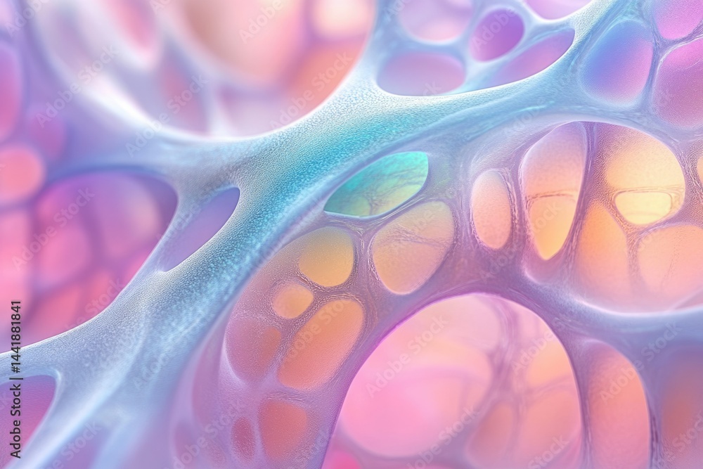 Poster Abstract image depicting a network of interconnected, translucent, pastel-colored cells or structures.