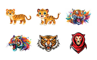 Set of Full body and face  tiger logo design vector template. Black and white color silhouette tiger vector illustration. design on a white background