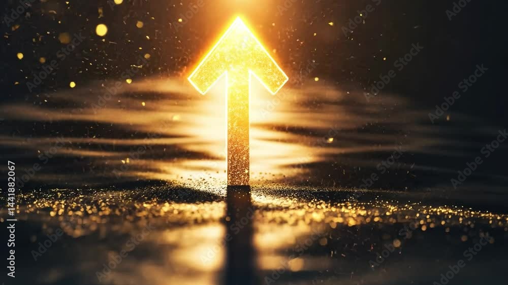 Poster Glowing Arrow Symbolizing Progress and Direction An Abstract Journey Through Shimmering Light and Golden Particles, Inspiring Aspiration and Positivity.
