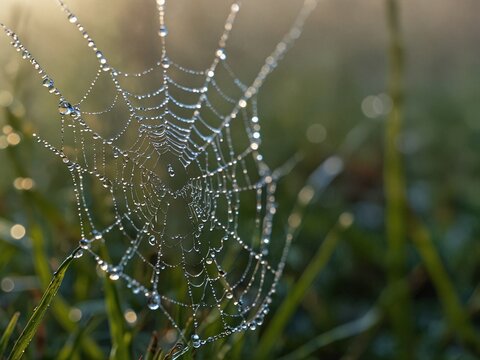 Macro shot of morning dew on a spider web in a misty meadow