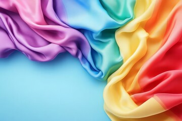 Flowing Rainbow LGBT Pride Flag On Empty Pastel Blue Background With Copy Space For Text