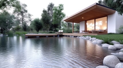 Tranquil modern cabin by a serene lake.  Wooden structure, tranquil water, and natural surroundings create a peaceful ambiance