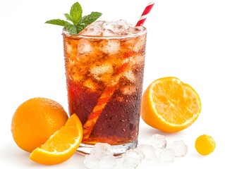 Fototapeta premium Refreshing iced tea with orange slices and mint in a tall glass filled with ice cubes perfect for a hot summer day.