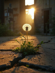 Blooming dandelion in abandoned factory