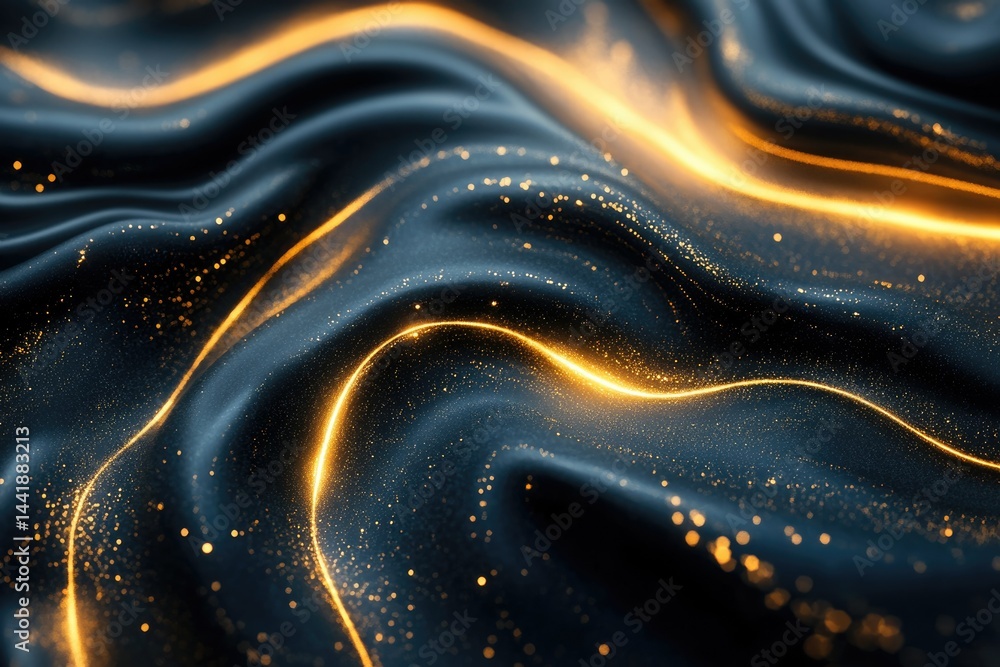 Fototapete Abstract dark blue fabric with golden light trails and shimmering particles, creating a luxurious and elegant visual.