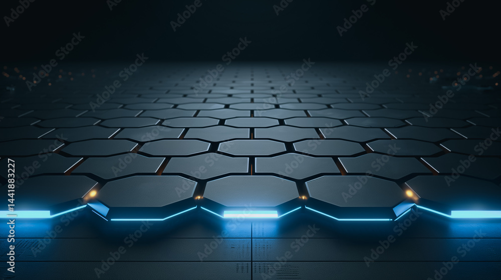 Poster technological hexagon: a futuristic scene showcases an intricate pattern of hexagons, illuminated wi