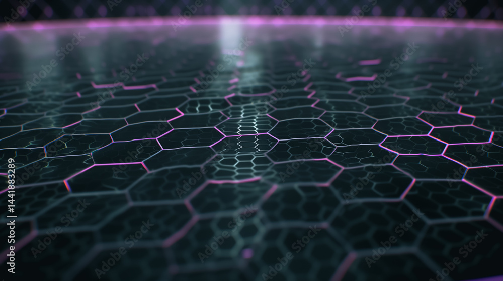 Poster hexagon network: abstract dark background with glowing pink hexagon pattern, suggesting a futuristic