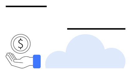 Hand extended with coin, cloud shape in backdrop. Ideal for savings, finance, cloud computing, digital economy, online payment, virtual banking, simple landing page
