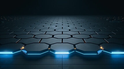 Obraz premium Technological Hexagon: A futuristic scene showcases an intricate pattern of hexagons, illuminated with neon lights, creating a dynamic sense of innovation.