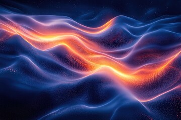 Fototapeta premium Abstract artwork depicting flowing, luminous waves of blue and orange, resembling cosmic energy or a celestial landscape.