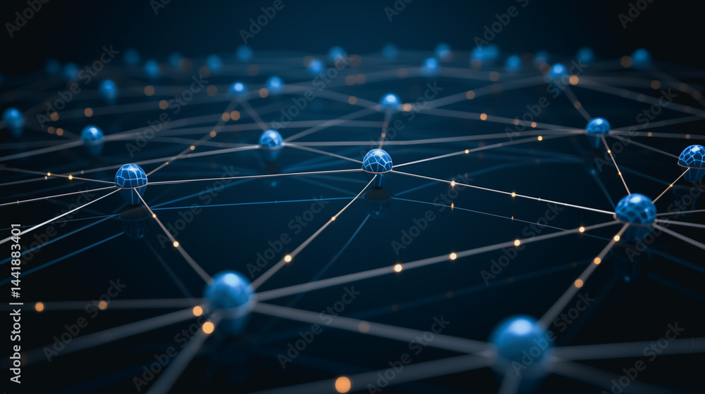Poster connected network: illustrating interconnectedness, this image showcases a network of blue spheres l