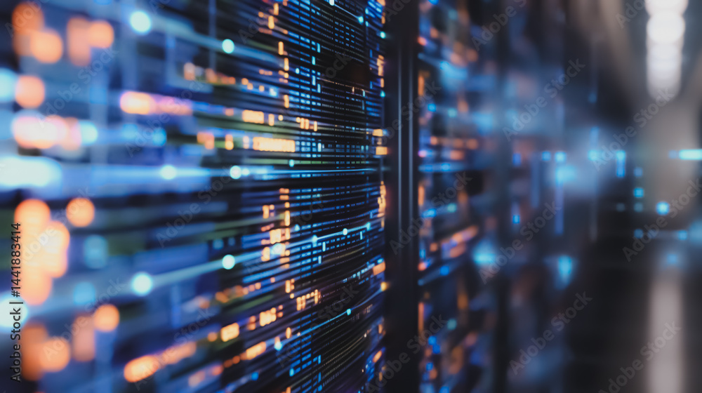 Poster cyber grid: an abstract view of a server room filled with a complex network of data, visualized with