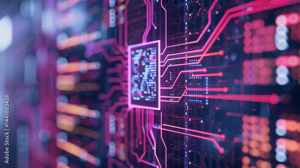 Aufkleber digital core: a vibrant macro shot of a computer microchip, its intricate circuits and pathways illu