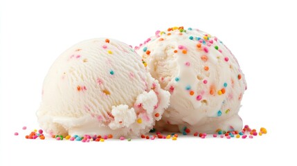 Two scoops of vanilla ice cream topped with colorful sprinkles
