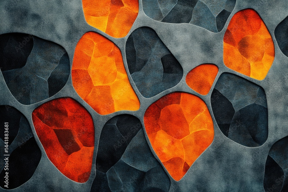 Aufkleber Abstract background with grey textured surface and cut-out orange glowing shapes.