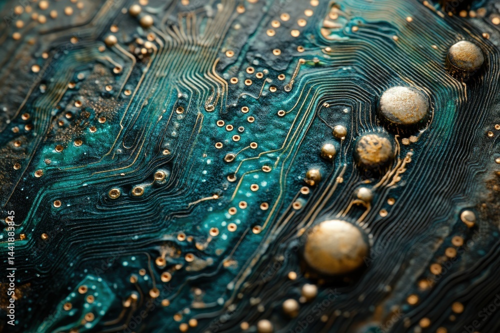 Poster Close-up of a circuit board's intricate pathways and components, showcasing its complex design.