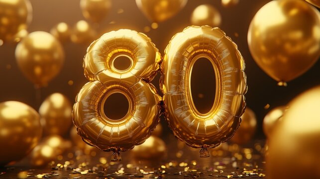 Golden Number 80 Balloons With Festive Celebration Confetti, Ideal For Eightieth Birthdays