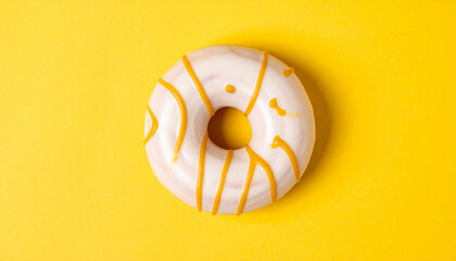 Glazed donut on vibrant yellow background, sweet tasty food, Delicious dessert. Flat lay.