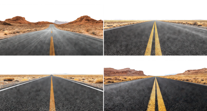 Set of desert roads with yellow dividing lines, isolated on transparent cutout background