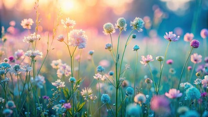 Serene Sunset Meadow Delicate pastel wildflowers bathed in the golden light of the evening sun, creating a picturesque and tranquil scene.
