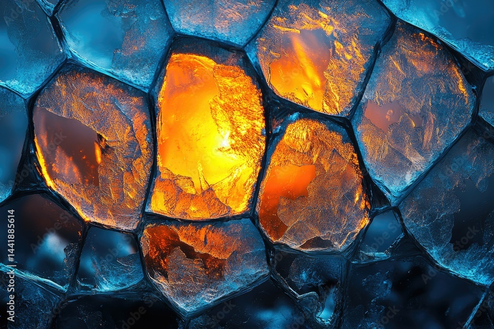 Poster Intricate ice patterns, glowing orange and blue hues create a mesmerizing abstract image.