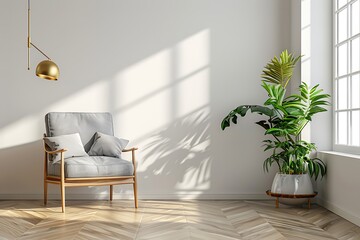 Scandinavian style livingroom with gray fabric armchair, golden lamp and plants on empty white wall background. 3d rendering.