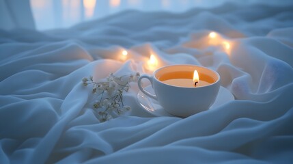 A teacup candle burns brightly amidst soft fabric and small white flowers creating a serene and relaxing ambiance.