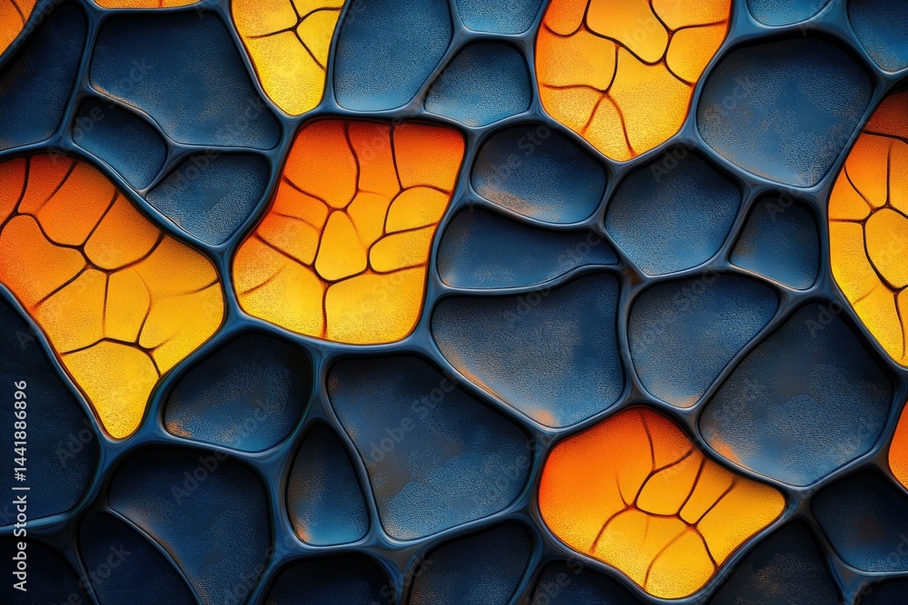 Poster Abstract 3D render of interconnected organic shapes in vibrant orange and dark blue, creating a mesmerizing pattern.