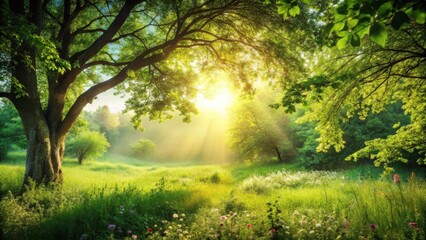 Fototapeta premium Serene Sunrise Illuminates Lush Meadow, Ancient Tree Branches Frame Golden Rays, Vibrant Spring Flowers Dot Grassy Expanse