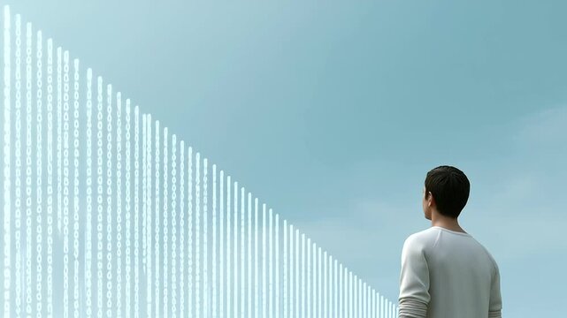 A young man contemplating a digital future with binary code in the sky