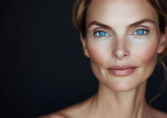 Beauty photo of natural beauty middle age woman with natural makeup and hairstyle on black background.Macro.AI Generative.