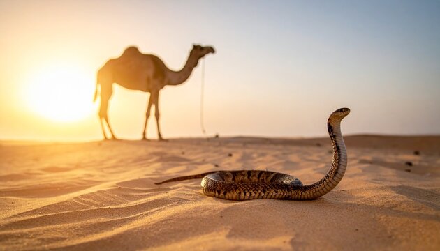 Cobra snake in the desert with a Camel in the background, with dramatic light in the surroundings, and sunset in the background.