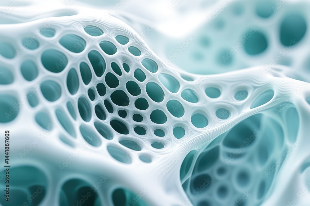 Fototapete Abstract 3D rendering of a porous, interconnected structure resembling a network or sponge-like material with teal undertones.