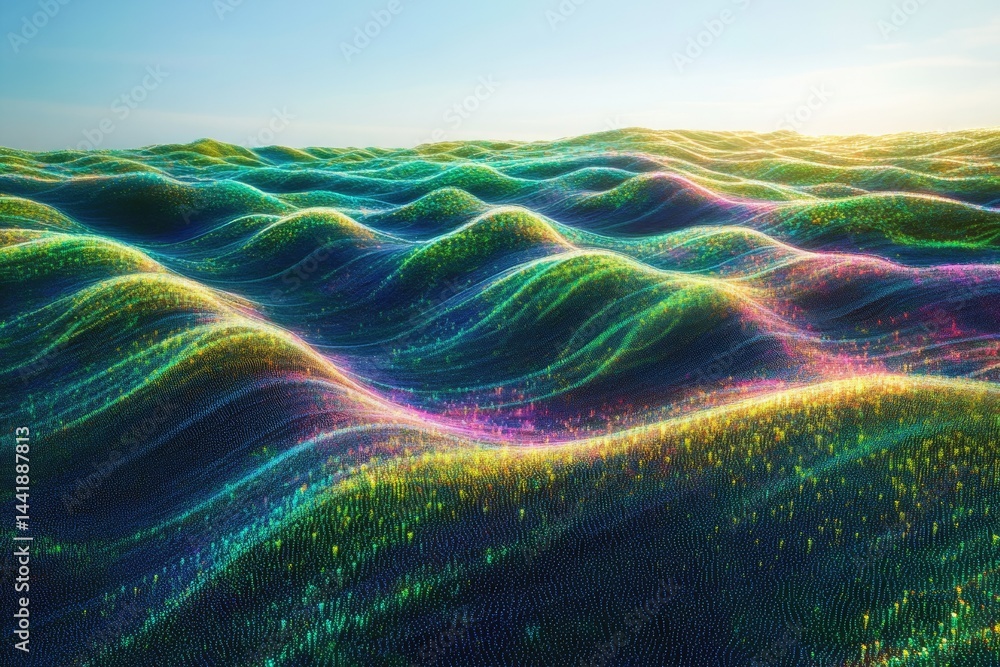 Poster Abstract colorful landscape of undulating hills, resembling a digital or particle-based terrain.