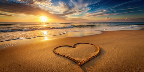 Obraz premium Golden Hour Romance Heart Drawn in Sand on a Tranquil Beach at Sunset
