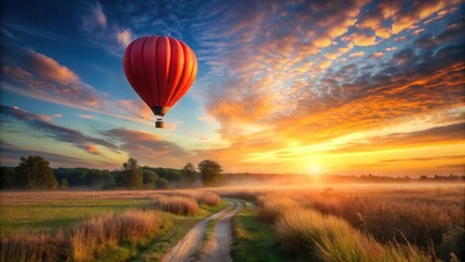 Obraz premium A vibrant red hot air balloon ascends gracefully above a picturesque landscape, as the sun casts a breathtaking golden glow upon the tranquil countryside at dawn.