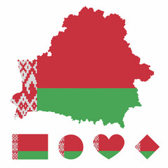 Vector set of Belarus high detailed map flag and national flag round badge isolated on white background.