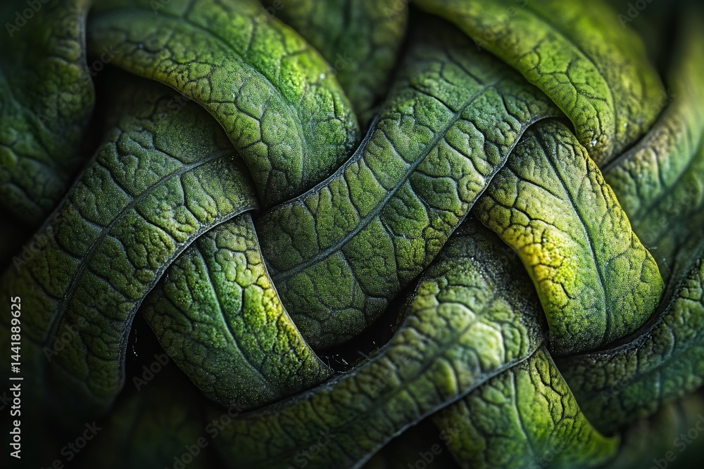 Poster close-up of intricately woven green leaves, showcasing texture and pattern.
