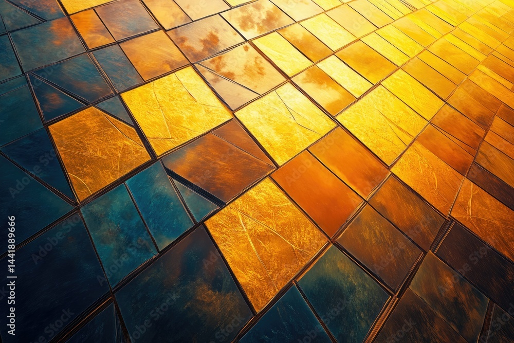 Aufkleber Abstract geometric pattern with golden and dark blue tiles reflecting sunlight.