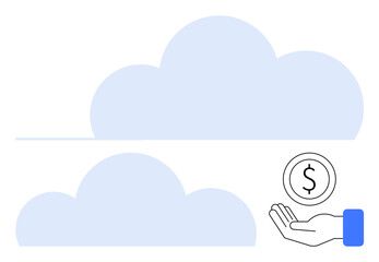 Hand offering coin below two stylized clouds, symbolizing cloud services, investments, or fintech. Ideal for finance, cloud computing, savings, digital banking, charity concept innovation simple