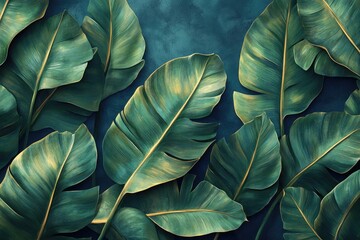 Vibrant tropical leaves on a deep teal background.