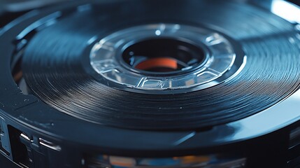 Video tape reel close up, shallow depth of field on dark surface