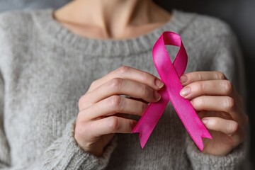 Breast cancer pink awareness ribbon symbolic bow color raising support campaign on people living life with female tumor breast cancer