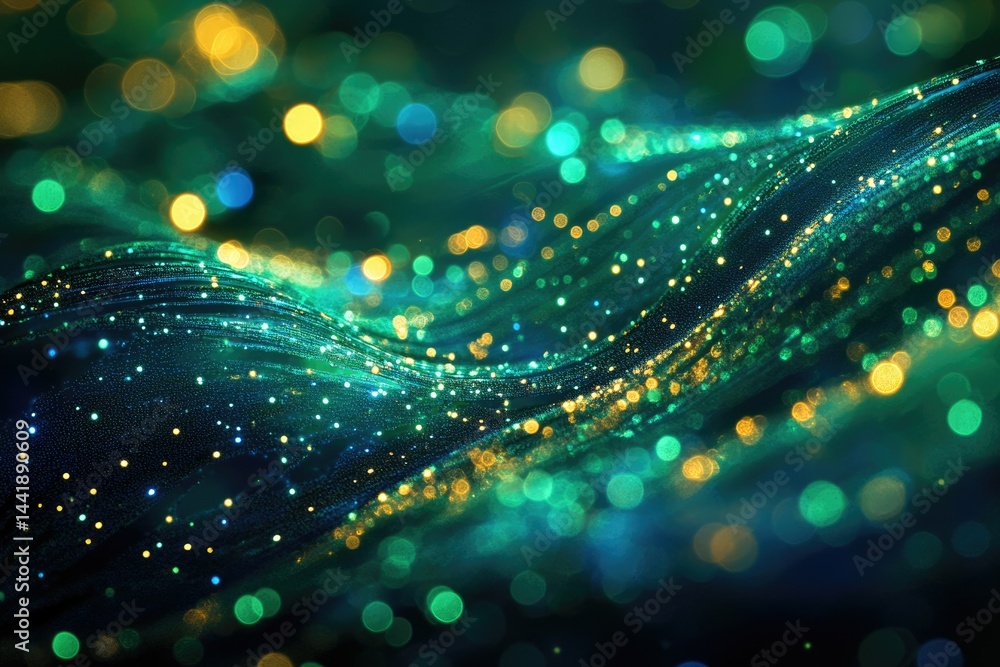 Fototapete abstract green and gold bokeh waves with glittering particles, creating a luxurious and magical effe