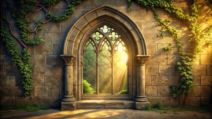 Obraz premium Sunlit Gothic Archway in Verdant Stone Wall, Illuminating a Serene Forest View