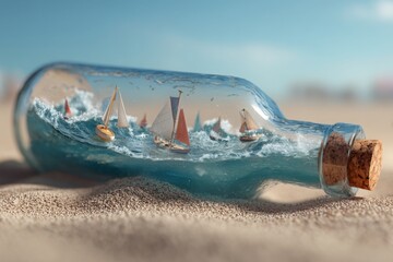 A huge transparent glass bottle lying on a sandy beach with miniature ocean waves and sailboats trapped inside, concept of summer dreams