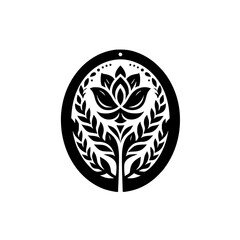 Ornate Black & White Floral Design in Oval, Minimalist Style