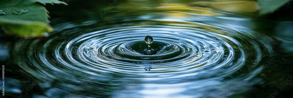 Aufkleber water droplet falling into calm pond, creating concentric ripples.