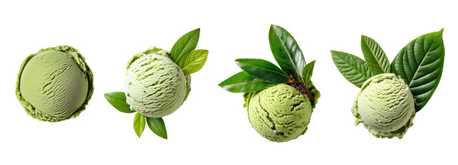 Set of Matcha ice cream scoop with matcha leaves on top isolated on white