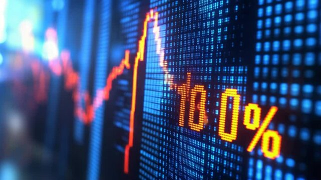Digital display showing stock market chart with percentage increase indicator